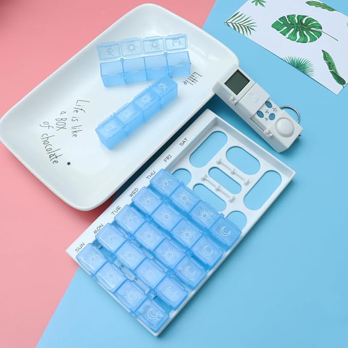 Didiseaon 7 Days Pill Dispenser Organizer with Reminder Alarm - Blue Pill Organizer with 28 Compartments for Weekly Medication Management