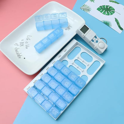 Didiseaon 7 Days Pill Dispenser Organizer with Reminder Alarm - Blue Pill Organizer with 28 Compartments for Weekly Medication Management