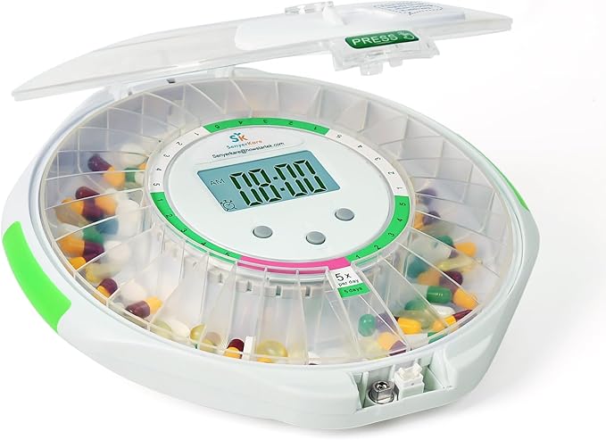 Automatic Pill Dispenser w/Alarm, Sound & Light, 28-Day Locked Medication Dispenser w/Easy-Read Display, up to 6 Alarms/Day, 9 Dosage Templates for Prescriptions, Vitamins & More, Clear Lid