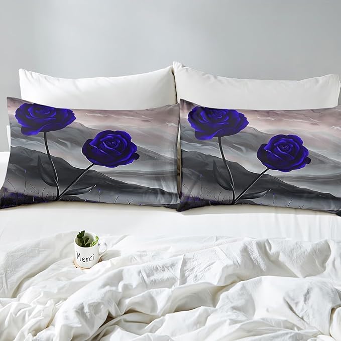 Manfei Blue Roses Bed Sheet Queen Set,Aesthetic Natural Mount Paint Sheet Sets Adults Bedroom Decor,Romantic Blooming Flowers Bedding Set with Flat,Fitted Sheet,2 Pillows