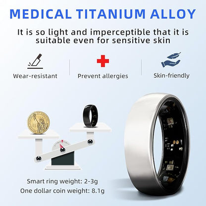 Smart Ring Titanium Fitness Sleep Tracker Health Monitoring Blood Pressure Blood Oxygen for iPhone and Android 7 Days Batterty Life (Silver, 12) Full Charge First Use