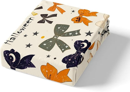Halloween Bowknots Fitted Sheet,Full Size Cartoon Bow-tie Starry Moon Glitter Beige Collections,Princess Bow Dreamy Girly Bedding Deep Pocket for Children Teens Young with 2 Pillowcases