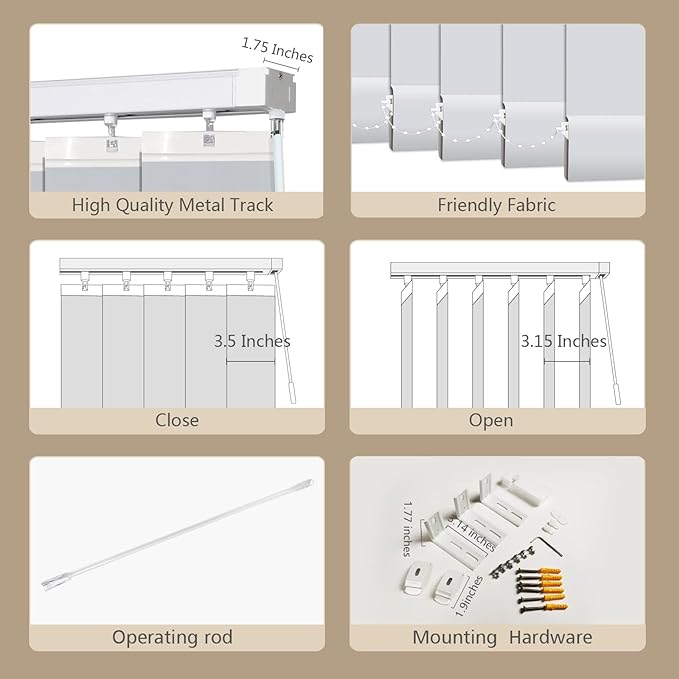Cordless Vertical Blinds Window Blind, Blackout Fabric Vertical Blind, Energy Saving UV Protection Noise Reduce Vertical Blinds for Sliding Glass Doors, Patio Doors, Pure Stone