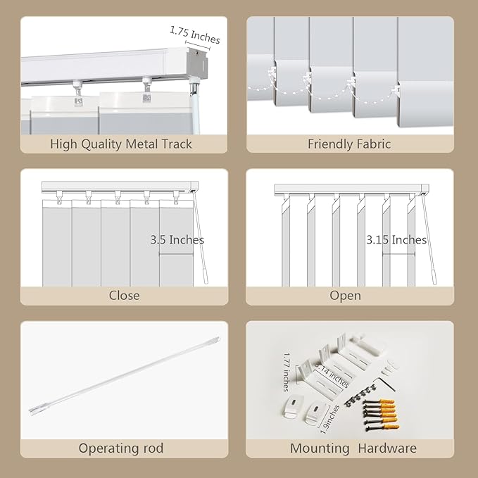 Cordless Vertical Blinds Window Blind, Blackout Fabric Vertical Blind, Energy Saving UV Protection Noise Reduce Vertical Blinds for Sliding Glass Doors, Patio Doors, Pure Beige