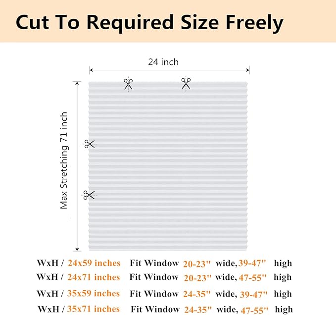 Window Blinds Cordless No Drill Cut to Size Clip On Stick On Self Adhesive Temporary Blinds Pleated Paper Blinds for Windows Doors Shades for Home Nursery Bedroom Kitchen Bathroom