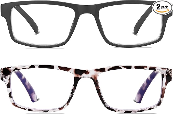 2 Pack Reading Glasses,Upgraded TR Blue Light Blocking Reading Glasses,Filter UV Ray/Glare Computer Readers, Stylish Lightweight Spring Hinges Eyeglasses for Women Men(Black/Leopard,3.5)
