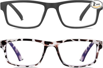 2 Pack Reading Glasses,Upgraded TR Blue Light Blocking Reading Glasses,Filter UV Ray/Glare Computer Readers, Stylish Lightweight Spring Hinges Eyeglasses for Women Men(Black/Leopard,1.25)