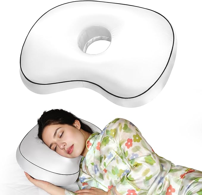 White Ear Piercing Pillow - Side Sleeper Support with 3.5" Ear Hole Relief, Hypoallergenic Orthopedic Pillow for Healing Piercings