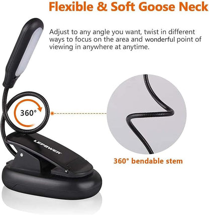 LEPOWER Clip-on Book Light with 5 LED Eye Care, 3 Color Changeable, Portable Reading Lamp, Battery & USB Operated, Bed Light for Kids, Bookworms, Students (Black)