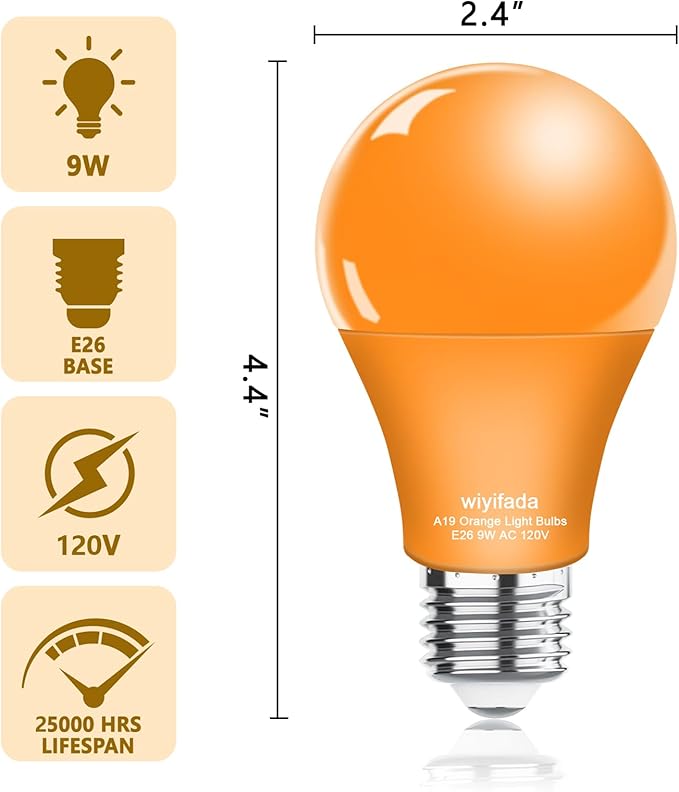 2 Pack A19 LED Orange Light Bulbs,120V E26 Halloween Orange LED Lights 9W Replace up to 100W, Dimmable Colored Light Bulbs for Porch, Home Lighting, Party Decoration, Holiday Lighting