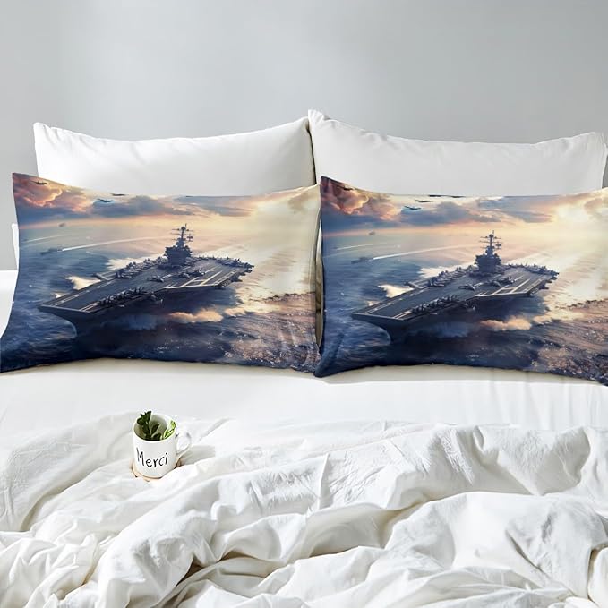 Warship Kids Fitted Sheet Full Size,Warplane Aviation Aircraft Sea Surface Bedding Set,Boys Men Room Decor,Modern Fashion Bed Cover,Navy Blue White Bed Sheet,2 Pillowcases