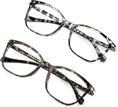VisionGlobal 2 Pack Blue Light Blocking Glasses for Women/Men, Anti Eyestrain, Computer Reading, TV Glasses, Stylish Square Frame, Anti Glare (Leopard+Floral)