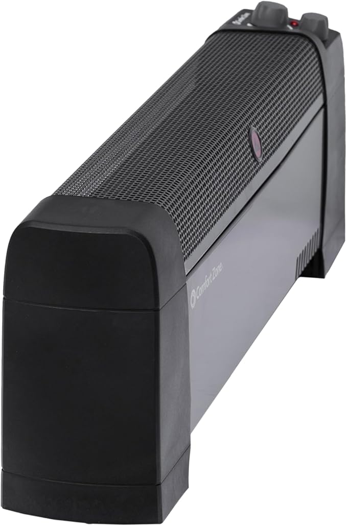 Comfort Zone 1500W Convection Baseboard Heater – Silent Portable Electric Space Heater with Adjustable Thermostat, 2 Heat Settings & Safety Tip-Over Switch – Black
