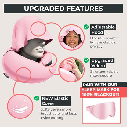 FlyHugz® 2.0 Hooded Travel Pillow – 2026 Original Release – Memory Foam Neck Pillow with Adjustable Hood & Premium Elastic Washable Cover – First Class Comfort for Flights, Road Trips & Sleep- Pink