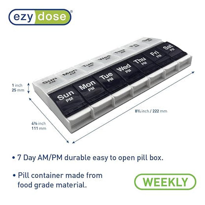 EZY DOSE Push Button (7-Day) Pill Case, Medicine Planner, Vitamin Organizer, 2 Times a Day AM/PM Container, X-Large Compartments, Arthritis Friendly, Effortless Open, Clear Lids, Blue/White, BPA Free