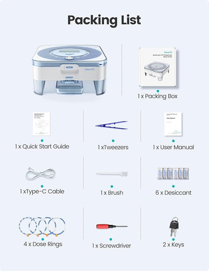 28-Day(1X) Automatic Pill Dispenser – One-Press Daily Dispense, Easy-to-Use Slide-Door Cup, Sound & Light Alerts, Moisture-Proof Dual Desiccants, Large Compartments for Tablets & Capsules