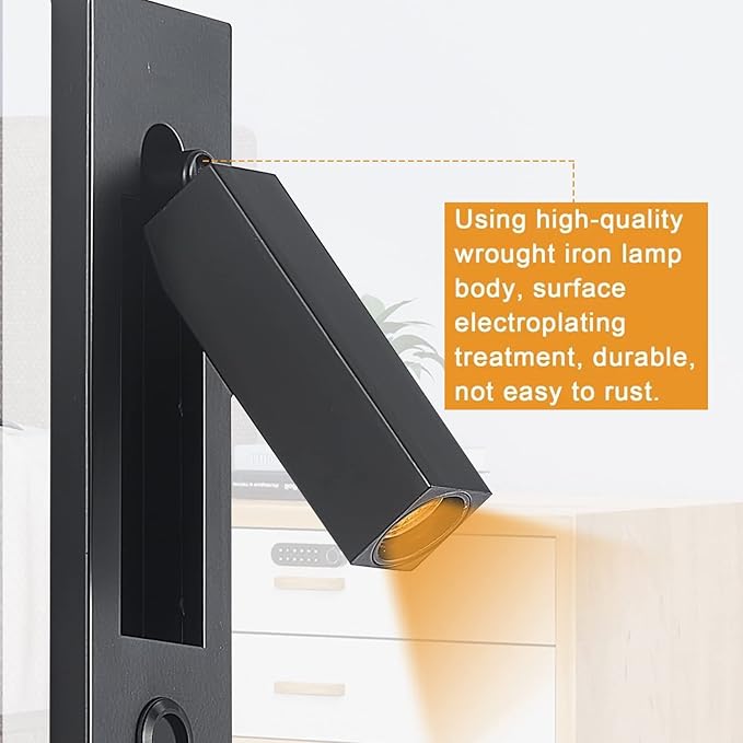LED Wall Light Bedside Reading Light, with Button Portable Charging Port, Lift Down Control Switch,Hardwire Recessed Unplugged (Black)