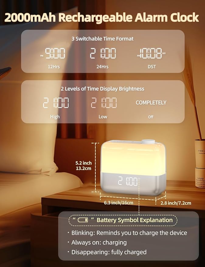 Sunrise Digital Alarm Clock for Bedroom: Wake-up Light, RGB Ambient Night Light, 9-Mins Snooze, 6 Natural Sounds, 7 Volume, Rechargeable Battery, Dual Loud Alarms for Heavy Sleepers (Silver)