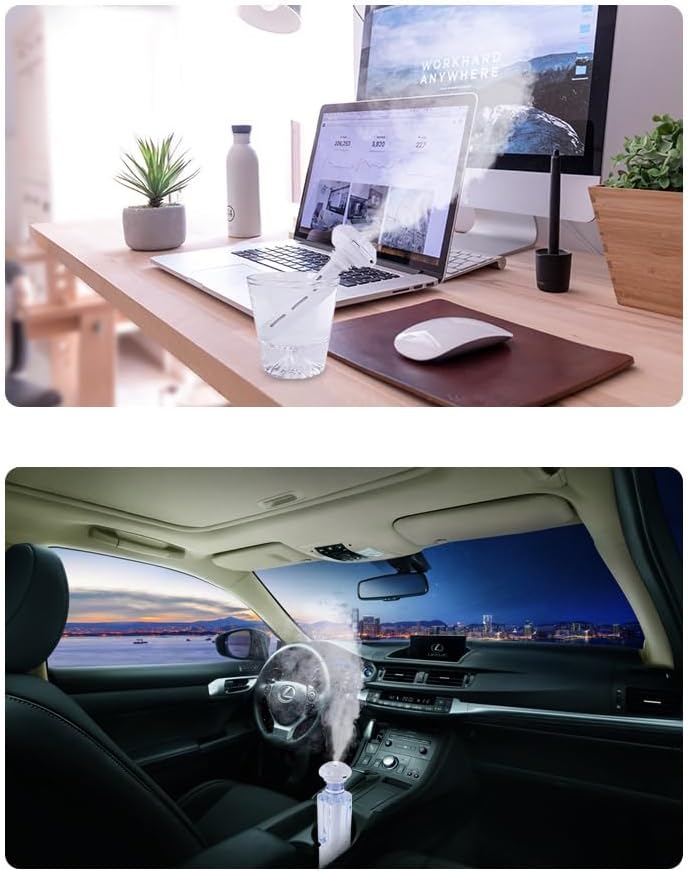 White Portable Mini Humidifier, Water bottle USB Cool Mist Small Humidifier with blue Lights.Perfect for Bedroom, Office, Plants, travel & Car(2PCS)