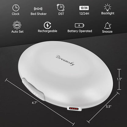 DreamSky Vibrating Alarm Clock for Heavy Sleepers - Auto Set Bed Shaker Alarm Clock Under Pillow for Hearing Impaired, Bedroom, Travel, Rechargeable Battery Operated, Cordless, Auto DST, LCD Backlight