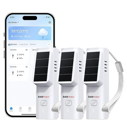 BaldrTherm Solar Bluetooth Temperature & Humidity Monitor, Wireless Thermometer with Date Storage, Real-Time Alerts, 262 Feet Connecting Range, Apply for Room Greenhouse, Pet Cages, 3pack