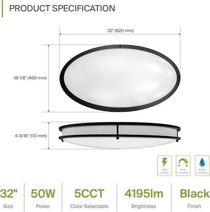 ASD LED 32" Oval Flush Mount Lighting, Close to Ceiling Light Fixture | 5CCT, Dimmable, ETL Listed | 50W 4195LM 2700-5000K 120V | Low Profile Double Ring Lamp | Black, 2 Pack