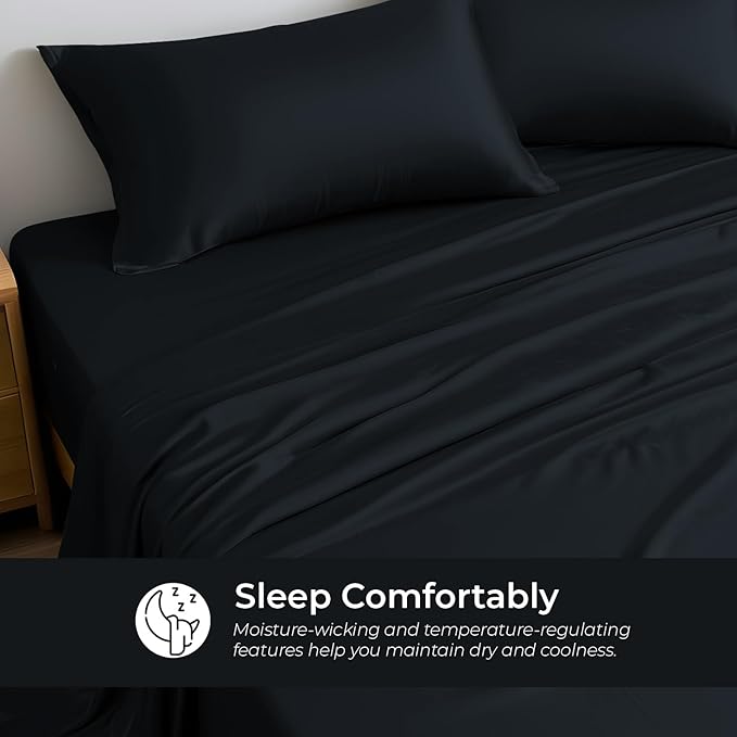 LINENWALAS California King Flat Sheet Only - Rayon Derived from Bamboo Silk Bed Sheet, Premium Cooling, Soft Top Sheet, Black Halloween Bedsheet (Jet Black)