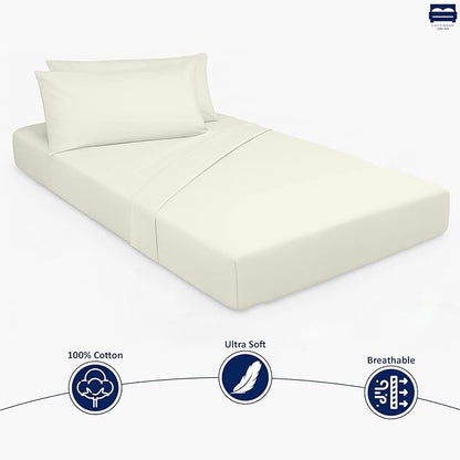 Cot Sheet and Pillow Case 4 Piece Set - 1 cot Fitted Sheet 33" x 75", 1 cot Flat Sheet 64"x 94", 2 Pillow Cases 20"x 30" Perfect for Folding Guest Bed Frame,Rollaway Beds (Ivory Solid)