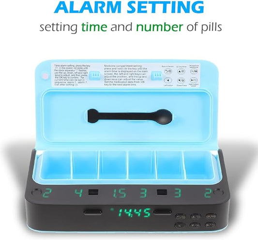 Rechargeable Pill Dispenser - Blue - Adjustable Pill Organizer Medicine Dispenser Weekly Travel Pill Organizer