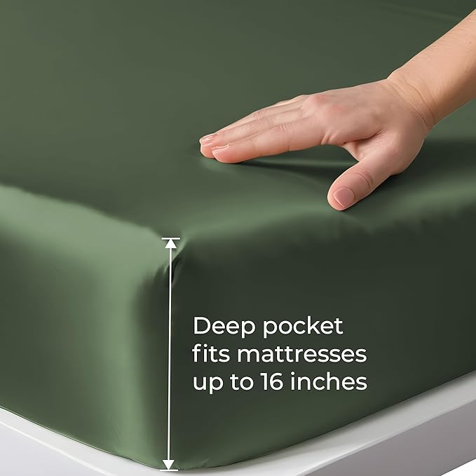 LINENWALAS Fitted Sheet Only Viscose Derived from Bamboo, Bottom Sheet for Twin Size Bed – 16” Deep Pocket, All Around Snug Fit – Cooling, Breathable, Soft, Hypoallergenic (Avocado Green, Twin)