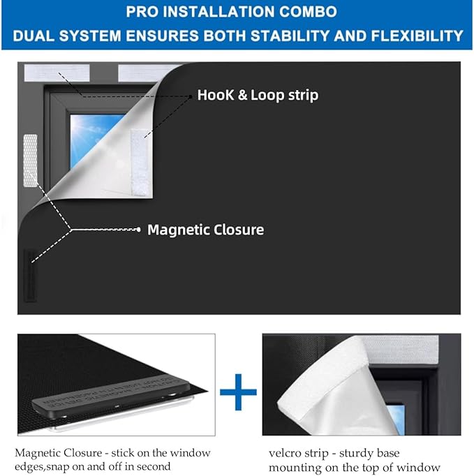 BirdNest 100% Blackout Blinds Magnetic Window Cover 57x40Inch,No Drill PortableCuttable Black Out Curtains for Nursery Bedroom,RV,Media Room with Hook & Loop Tape+Magnetic Closure