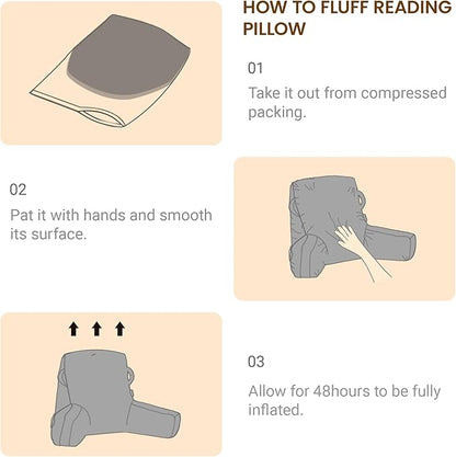 Portable Comfy Reading Pillows for Bed Sitting Up(Beige Oeko-Tex), Velvet Back Pillow with Arms & Pockets for Adults, Support Memory Foam Bed Pillow for Dorm/Reading/Watching/Gaming