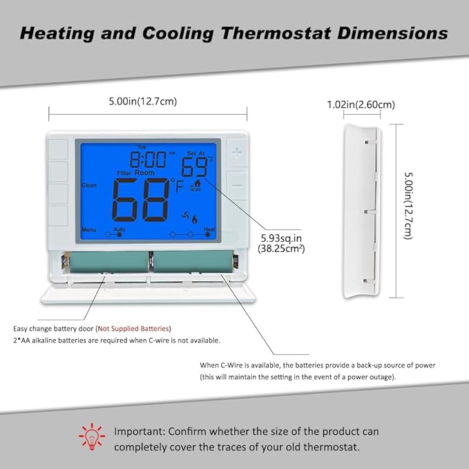 Super Programmable Thermostat for Home，2 Heat/1 Cool Heat Pump Or 1 Heat/1 Cool Conventional Systems, Blue Backlight