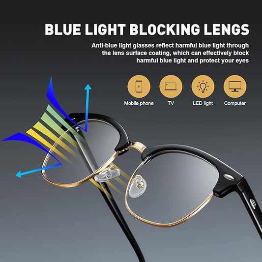 Blue Light Blocking Glasses Vintage Half Frame UV Clear Lens Anti Eyestrain Computer Gaming Glasses for Women Men (E-black Gold +crystal Silver)