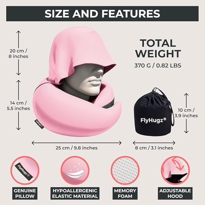 FlyHugz® 2.0 Hooded Travel Pillow – 2026 Original Release – Memory Foam Neck Pillow with Adjustable Hood & Premium Elastic Washable Cover – First Class Comfort for Flights, Road Trips & Sleep- Pink