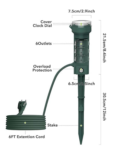HBN 24 Hour Mechanical Outdoor Tmer for Lights Waterproof,6 Outlets Power Yard Stake for Halloween/Christmas Decorations,Outside Power Strip for Yard Garden,6 ft Extension Cord,1875W/15A