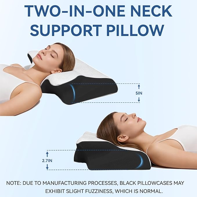 Cervical Neck Pillow for Sleeping Ergonomic Sleep Apnea Pillow with Memory Foam Neck Support Pillow for Back Side Stomach Sleepers with Pillowcase (Black)