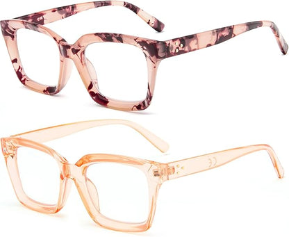 REAVEE 2 Pack Oprah Style Oversized Reading Glasses for Women Men Blue Light Blocking, Ladies Stylish Retro Square Large Computer Readers (Pink Leopard/Tea 1.0x)
