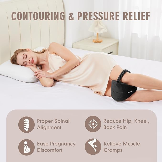 Black Knee Pillow for Side Sleepers - Memory Foam Between Leg Pillows for Sciatica Pain Relief, Hip/Leg/Ankle Support with Non-slip Strap, Spine Alignment for Pregnancy, Post-Surgery Recovery