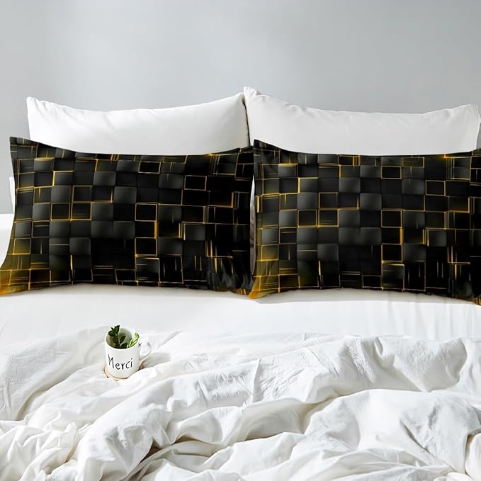 Manfei Geometric Sheet Set Full Size, Abstract Square Grid Print Bedding Set for Kids Boys Girls Adults, Yellow and Black Bed Sheet Set 4pcs with Deep Pocket Fitted Sheet + Flat Sheet + 2 Pillowcases