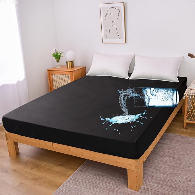 Holawakaka Queen Waterproof Mattress Encasement Protector Black Fitted Sheet Breathable Bed Mattress Pad Cover, 14" Deep Pocket (Black, Queen)