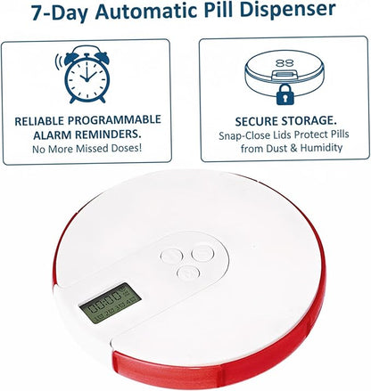 Automatic Pill Dispenser, 7 Day Pill Organizer with Large Digital Display & Alarm, Portable Travel Medicine Box for Vitamins & Medications Red