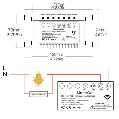 MoesGo 2nd Generation WiFi RF433 Smart Touch Wall Single Fire Smart Switch,No Neutral Wire Needed Compatible with Smart Life/Tuya App, Works with Alexa and Google Home Single Pole 110V Black 3 Gang