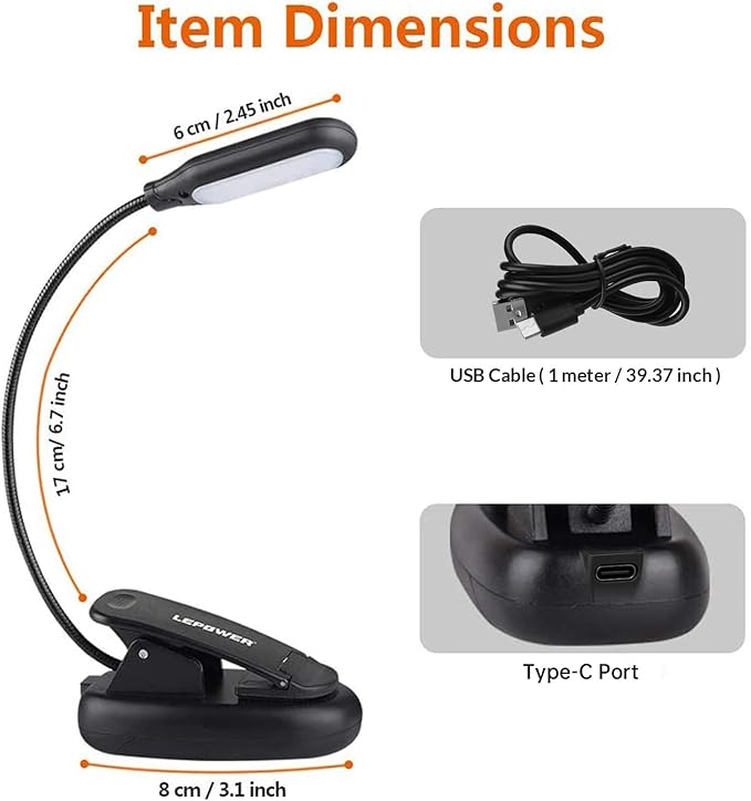 LEPOWER Clip-on Book Light with 5 LED Eye Care, 3 Color Changeable, Portable Reading Lamp, Battery & USB Operated, Bed Light for Kids, Bookworms, Students (Black)