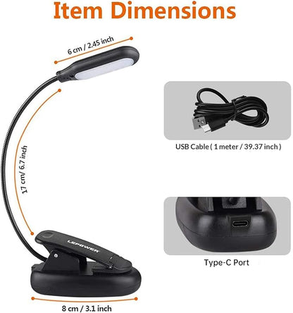 LEPOWER Clip-on Book Light with 5 LED Eye Care, 3 Color Changeable, Portable Reading Lamp, Battery & USB Operated, Bed Light for Kids, Bookworms, Students (Black)