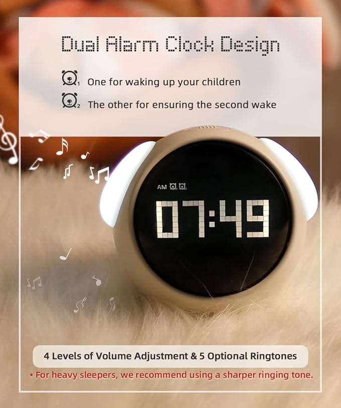 Kids Alarm Clock, Dual Alarm Setting, Adjustable Brightness Night Light, Voice-Activated,Temperature Detection, Wake-up Alarm Clock, Toy and Gift for Toddler, Children, Students, Boys&Girls
