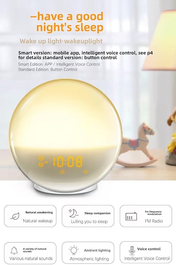 Smart Sunrise Alarm Clock: Simulated Sunrise & Sunset Wake-Up Light with APP/Voice Control, 7 Colour Night Light & 7 Soothing Sounds/FM, Natural Wake and Sleep Aid, Bedside Lamp Gift