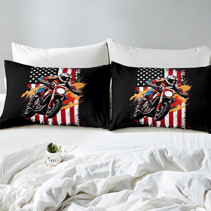 Cool Motorcycle Bedding Set Twin Size American Flag Racing Car Bed Set for Teens Bedroom Decor Kids Sheet Microfiber Extreme Sport Dirt Bike Bed Cover(1 Fitted Sheet+1 Pillow Case)
