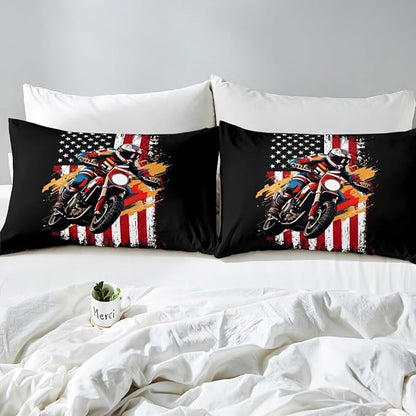 Cool Motorcycle Bedding Set Twin Size American Flag Racing Car Bed Set for Teens Bedroom Decor Kids Sheet Microfiber Extreme Sport Dirt Bike Bed Cover(1 Fitted Sheet+1 Pillow Case)