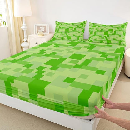 Pixelated Game Kids Queen Size Fitted Sheet,Geometric Check Video Games Room Decor,Gamepad Grid Abstract Gaming Boys Girls Bed Sheets,Green White Bedding Set,2 Pillowcases(No Flat)